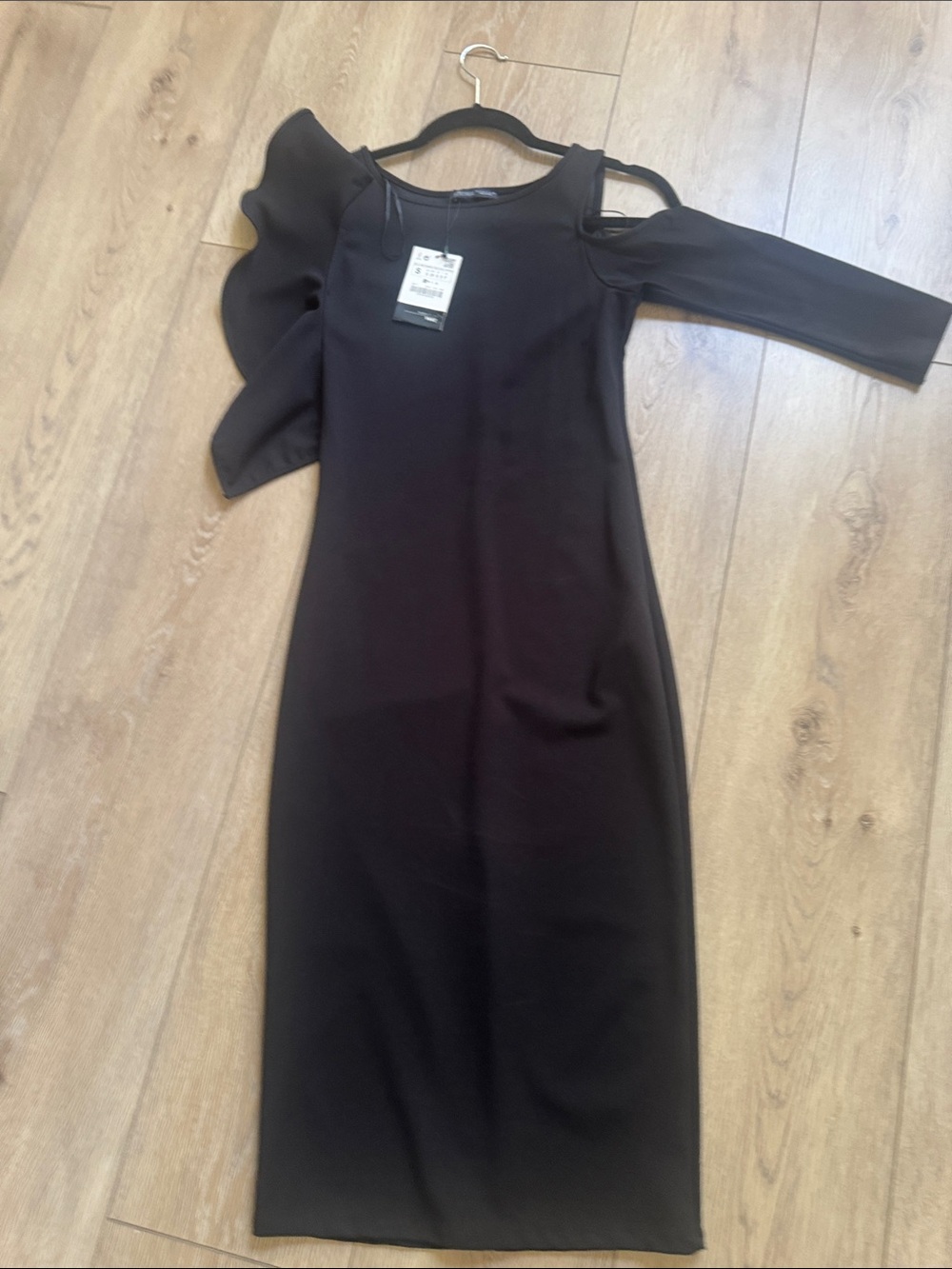 Zara Black One-Shoulder Ruffle Midi Dress